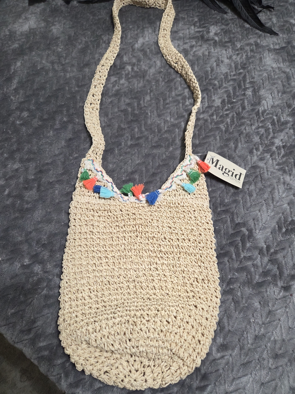 Magid Cream Crochet Crossbody Straw Bag with Colorful Tassels